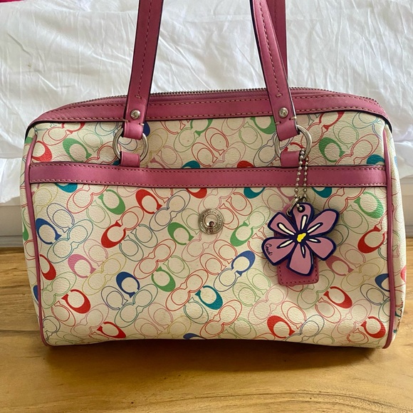 Coach Handbags - Coach Multicolor Signature Satchel with Pink Trim & Flower Charm – Rare Style!